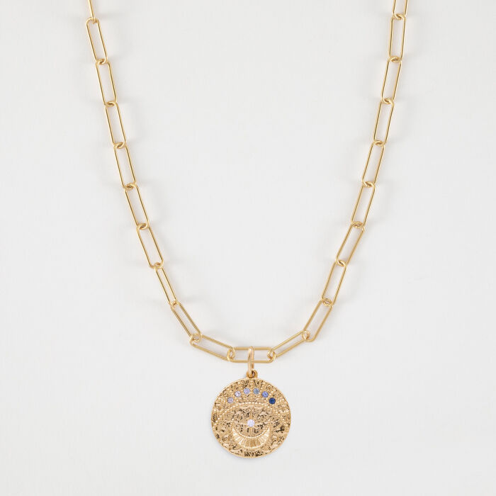 Personalised Gold-Plated Small Links Chain Necklace with Twilight Moon Zircons Engraved Disc Pendant 16 mm