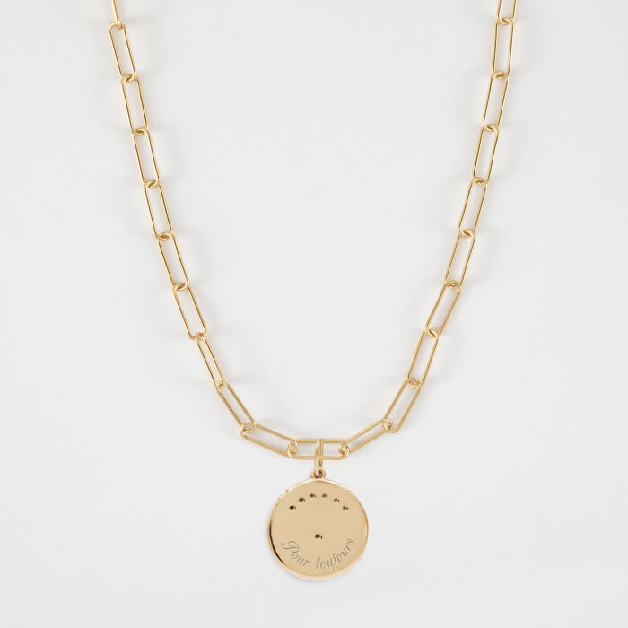 Personalised Gold-Plated Small Links Chain Necklace with Twilight Moon Zircons Engraved Disc Pendant 16 mm