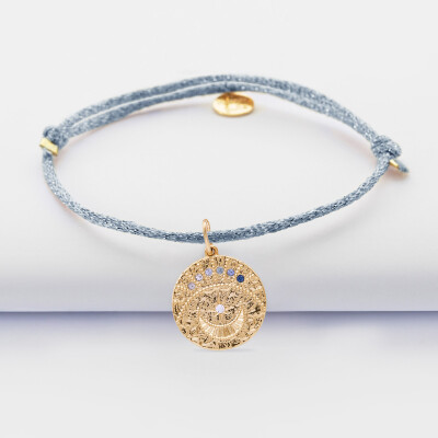 Bracelet personnalisé cordon pailleté médaille Lune zircons crépuscule gravée plaqué or 16 mm - recto