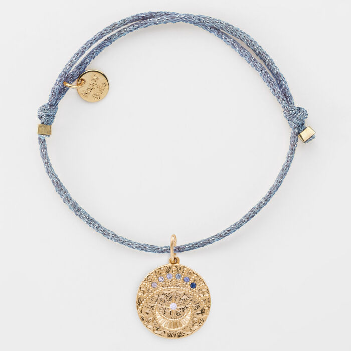 Bracelet personnalisé cordon pailleté médaille Lune zircons crépuscule gravée plaqué or 16 mm - recto plat