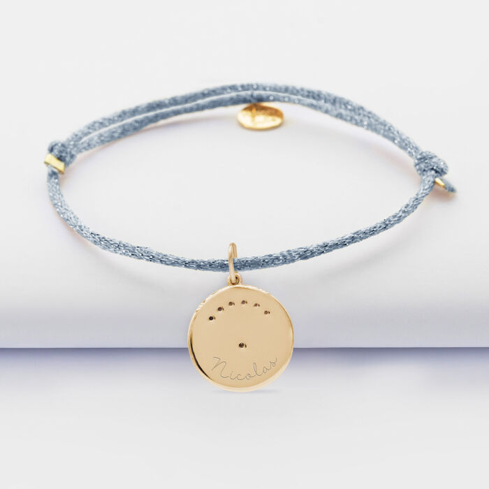 Bracelet personnalisé cordon pailleté médaille Lune zircons crépuscule gravée plaqué or 16 mm - prénom