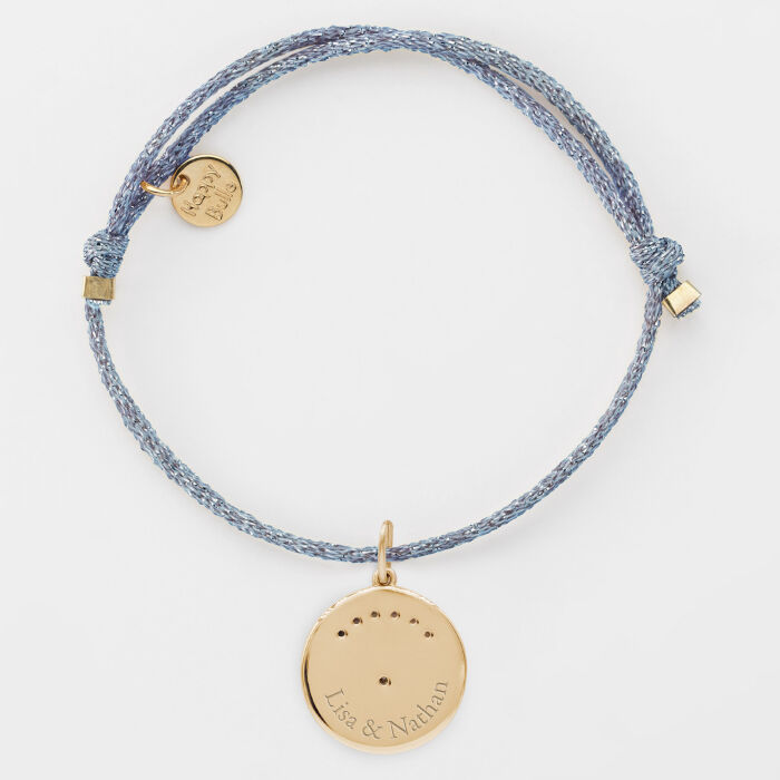Bracelet personnalisé cordon pailleté médaille Lune zircons crépuscule gravée plaqué or 16 mm - prénoms