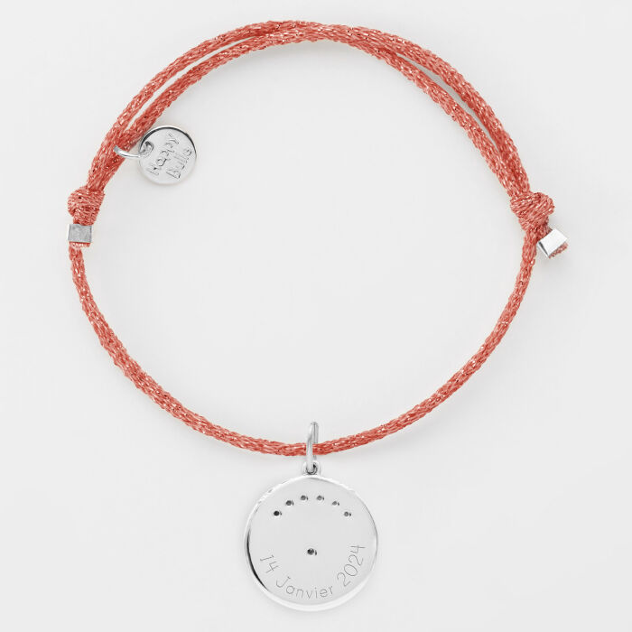 Bracelet personnalisé cordon pailleté médaille Lune zircons crépuscule gravée argent 16 mm - date