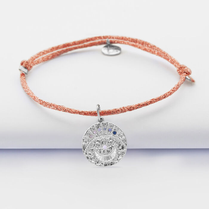 Bracelet personnalisé cordon pailleté médaille Lune zircons crépuscule gravée argent 16 mm - recto