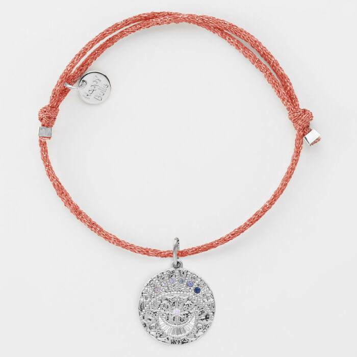 Bracelet personnalisé cordon pailleté médaille Lune zircons crépuscule gravée argent 16 mm - recto plat