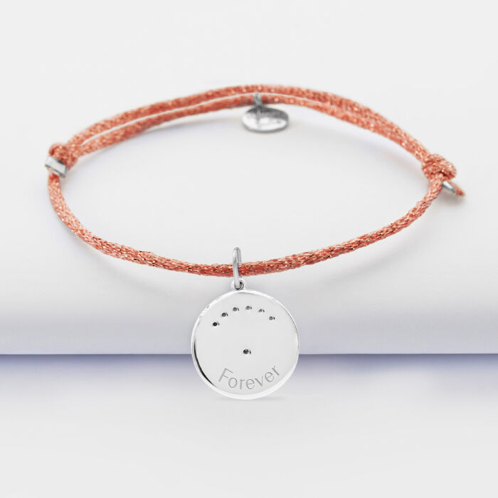 Bracelet personnalisé cordon pailleté médaille Lune zircons crépuscule gravée argent 16 mm - forever
