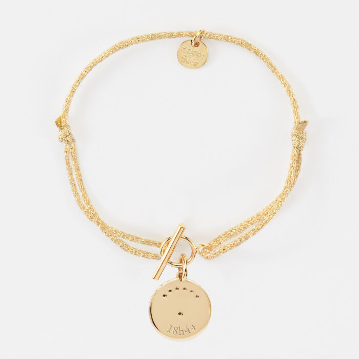 Bracelet fermoir personnalisé cordon pailleté médaille Lune zircons crépuscule gravée plaqué or 16 mm - heure