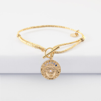 Pulsera con cierre personalizada cordón con brillo medalla Luna con zirconitas crepúsculo grabada bañada en oro 16 mm