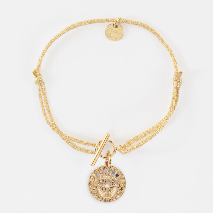 Bracelet fermoir personnalisé cordon pailleté médaille Lune zircons crépuscule gravée plaqué or 16 mm - recto plat