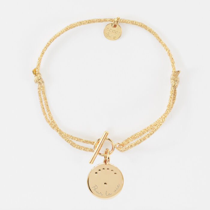 Bracelet fermoir personnalisé cordon pailleté médaille Lune zircons crépuscule gravée plaqué or 16 mm - pour la vie