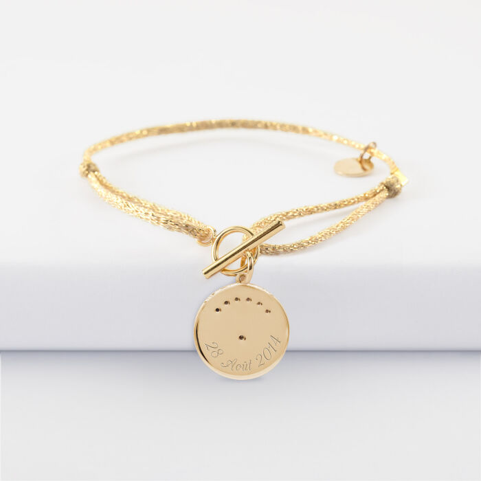 Bracelet fermoir personnalisé cordon pailleté médaille Lune zircons crépuscule gravée plaqué or 16 mm - date
