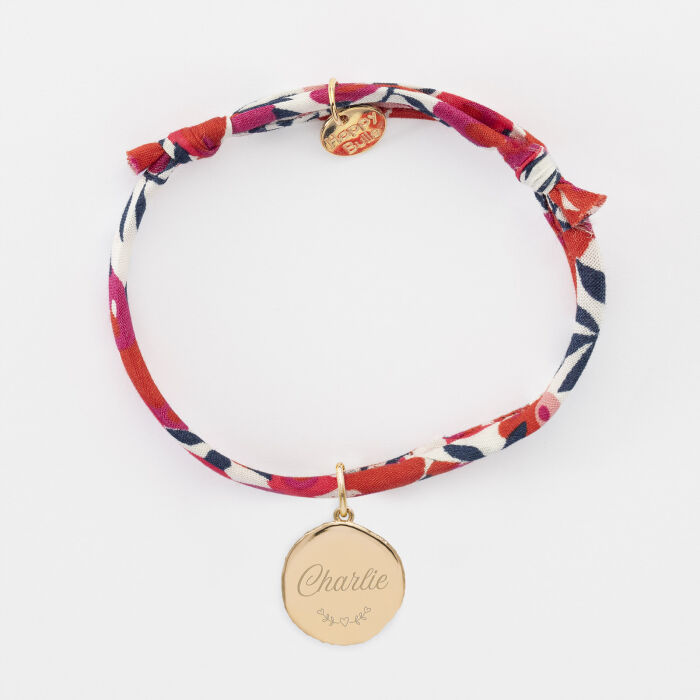 Bracelet enfant Liberty personnalisé médaille gravée plaqué or rose des vents texturée 14 mm - texte pictogramme