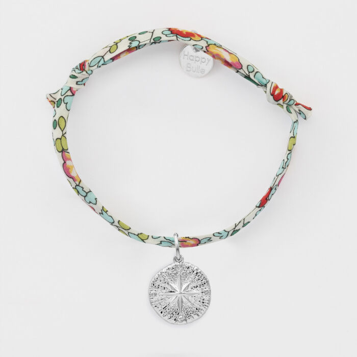 Bracelet enfant Liberty personnalisé médaille gravée argent rose des vents texturée 14 mm - recto plat