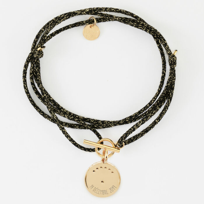 Bracelet fermoir personnalisé cordon 3 tours pailleté médaille Lune zircons crépuscule gravée plaqué or 16 mm - date