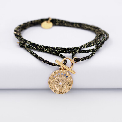 Personalised Clasp Glitter Cord Triple Wrap Bracelet with Gold-Plated Engraved Twilight Moon Zircons Disc Charm 16 mm