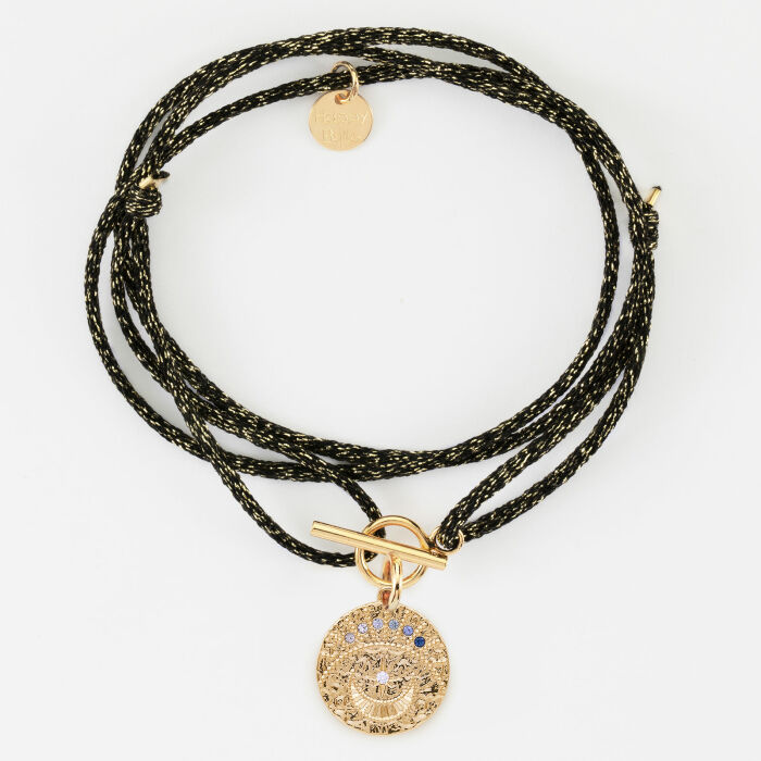Bracelet fermoir personnalisé cordon 3 tours pailleté médaille Lune zircons crépuscule gravée plaqué or 16 mm - recto à plat