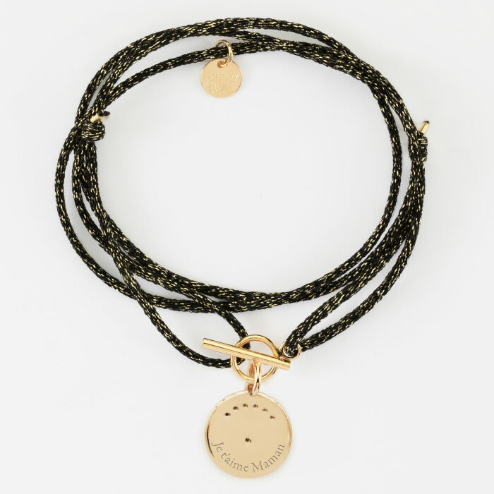 Bracelet fermoir personnalisé cordon 3 tours pailleté médaille Lune zircons crépuscule gravée plaqué or 16 mm - phrase