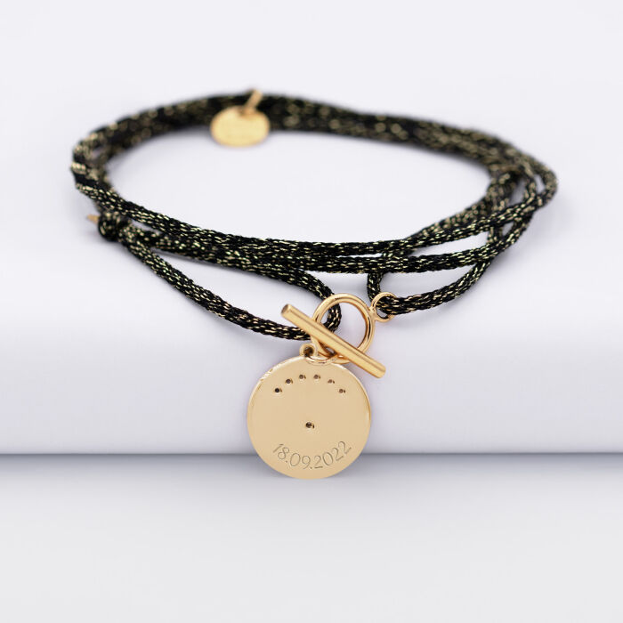 Bracelet fermoir personnalisé cordon 3 tours pailleté médaille Lune zircons crépuscule gravée plaqué or 16 mm - date chiffres