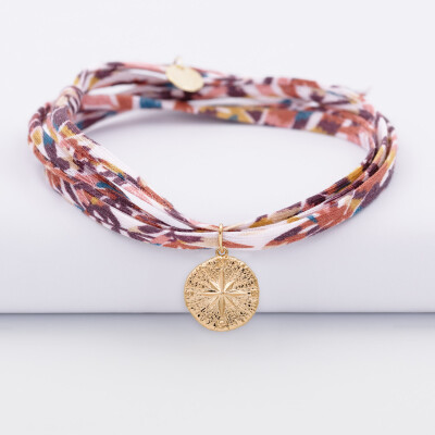 Bracelet 3 tours Liberty personnalisé médaille gravée plaqué or rose des vents texturée 14 mm - recto