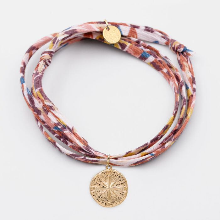 Bracelet 3 tours Liberty personnalisé médaille gravée plaqué or rose des vents texturée 14 mm - recto plat