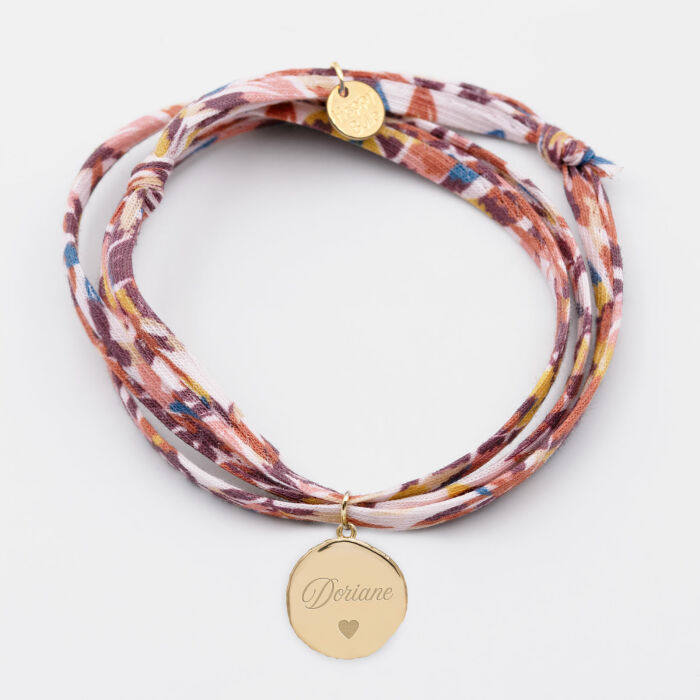 Bracelet 3 tours Liberty personnalisé médaille gravée plaqué or rose des vents texturée 14 mm - texte picto