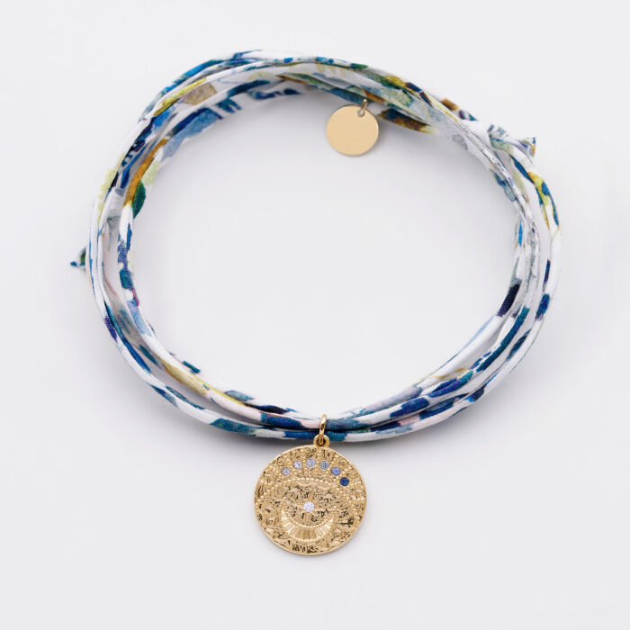 Bracelet 3 tours Liberty personnalisé médaille Lune zircons crépuscule gravée plaqué or 16 mm - recto plat