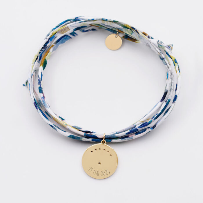 Bracelet 3 tours Liberty personnalisé médaille Lune zircons crépuscule gravée plaqué or 16 mm - date