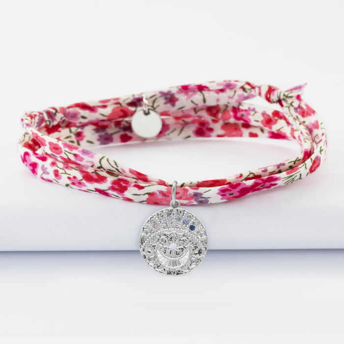 Bracelet 3 tours Liberty personnalisé médaille Lune zircons crépuscule gravée argent 16 mm - recto
