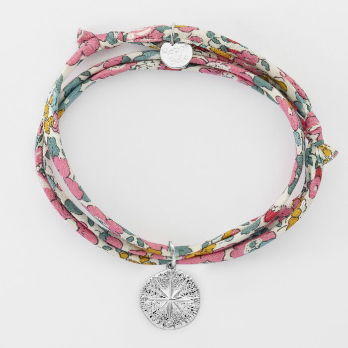 Bracciale 3 giri Liberty personalizzato medaglietta incisa argento Rosa dei venti rigata 14 mm