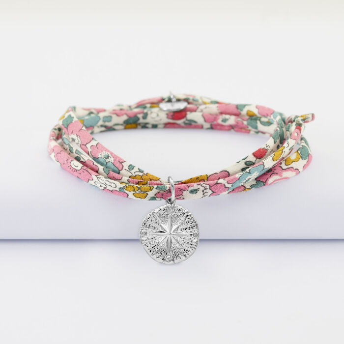 Bracciale 3 giri Liberty personalizzato medaglietta incisa argento Rosa dei venti rigata 14 mm