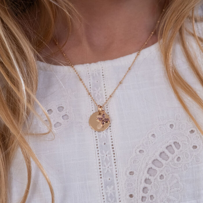 Children's Personalised Engraved Gold-Plated Disc Pendant 15 mm and Zircon Petals Flower Charm 10 mm