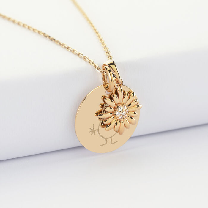 Pendentif personnalisé médaille gravée plaqué or 19 mm et breloque tournesol scintillant 13 mm - dessin