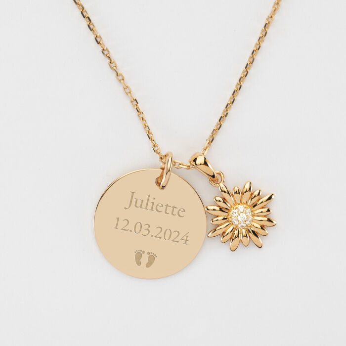 Pendentif personnalisé médaille gravée plaqué or 19 mm et breloque tournesol scintillant 13 mm - texte + picto