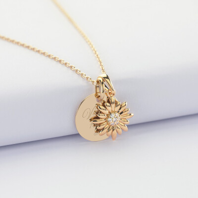 Pendentif personnalisé médaille gravée plaqué or 15 mm et breloque tournesol scintillant 13 mm - texte + picto