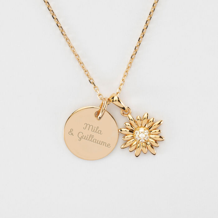 Pendentif personnalisé médaille gravée plaqué or 15 mm et breloque tournesol scintillant 13 mm - texte