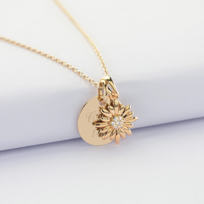 Pendentif enfant personnalisé médaille gravée plaqué or 15 mm et breloque tournesol scintillant 13 mm - texte