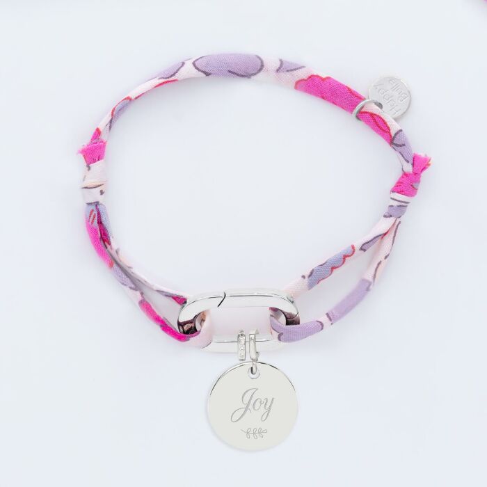 Bracelet personnalisé cordon Liberty collection Chapitre mousqueton 11x19 mm argent - à composer - 2 charms zircons et médaille 15 mm