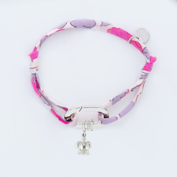 Bracelet personnalisé cordon Liberty collection Chapitre mousqueton 11x19 mm argent - à composer - 3 charms tortue, dentelle et zircons