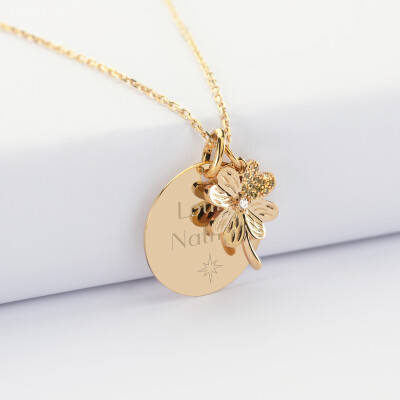 Pendentif personnalisé médaille gravée plaqué or 19 mm et breloque trèfle scintillant 15 mm - texte + picto