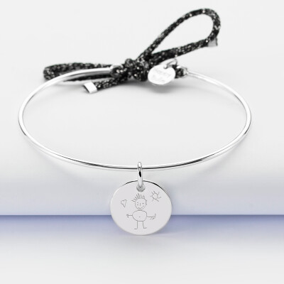 Bracelet personnalisé jonc argent et cordon pailleté médaille gravée 15 mm - dessin