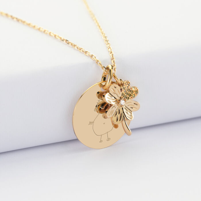 Pendentif personnalisé médaille gravée plaqué or 19 mm et breloque trèfle scintillant 15 mm - dessin