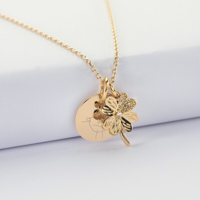 Pendentif personnalisé médaille gravée plaqué or 15 mm et breloque trèfle scintillant 15 mm - dessin