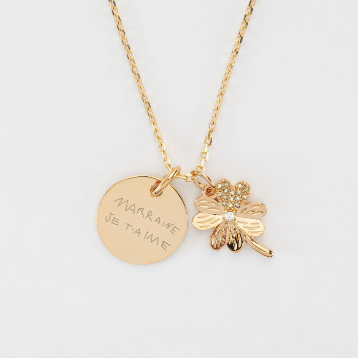Pendentif personnalisé médaille gravée plaqué or 15 mm et breloque trèfle scintillant 15 mm - écrit