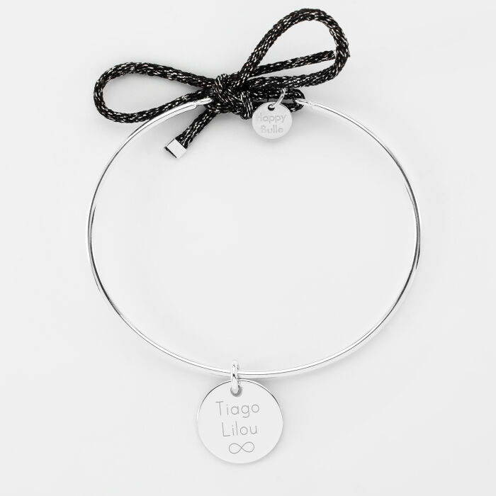 Bracelet personnalisé jonc argent et cordon pailleté médaille gravée 15 mm - prénoms