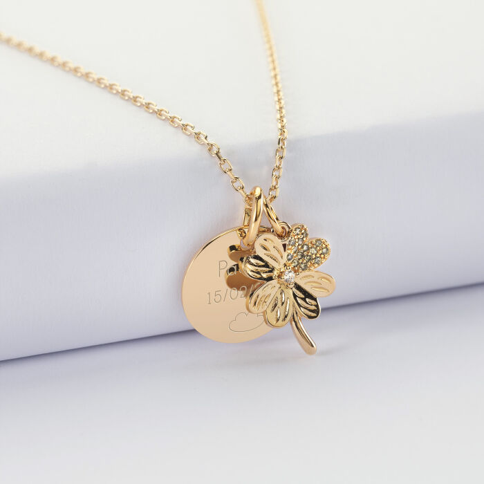 Pendentif enfant personnalisé médaille gravée plaqué or 15 mm et breloque trèfle scintillant 15 mm - texte + picto