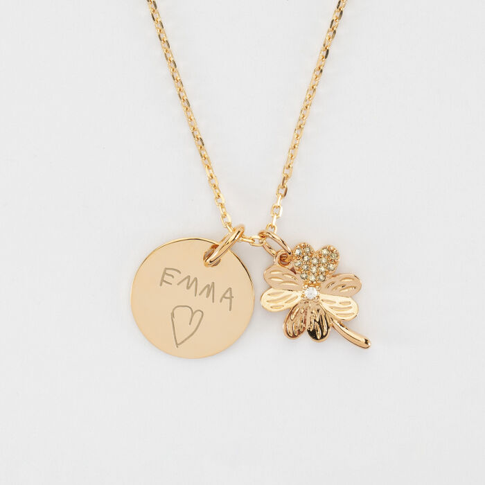 Pendentif enfant personnalisé médaille gravée plaqué or 15 mm et breloque trèfle scintillant 15 mm - ecrit