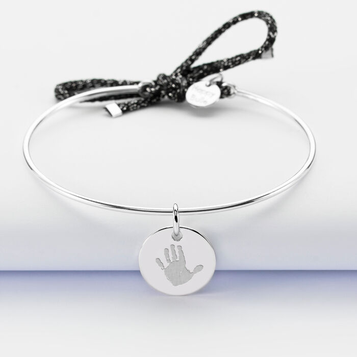 Bracelet personnalisé jonc argent et cordon pailleté médaille gravée 15 mm - empreinte