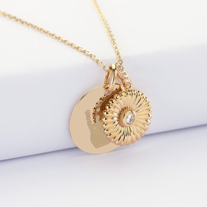 Pendentif personnalisé médaille gravée plaqué or 19 mm et breloque marguerite scintillante 14 mm - empreinte