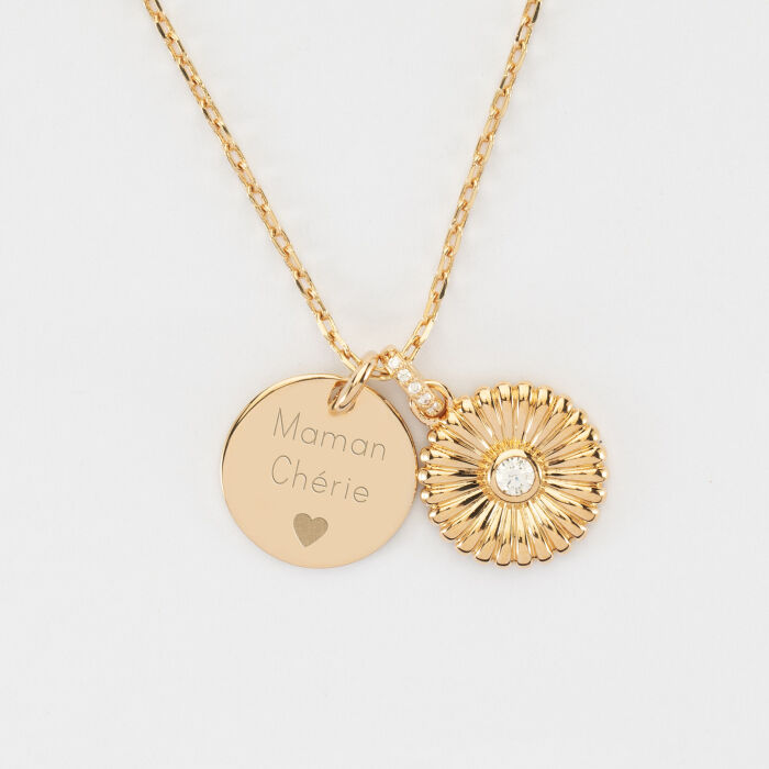 Pendentif personnalisé médaille gravée plaqué or 15 mm et breloque marguerite scintillante 14 mm - texte + picto