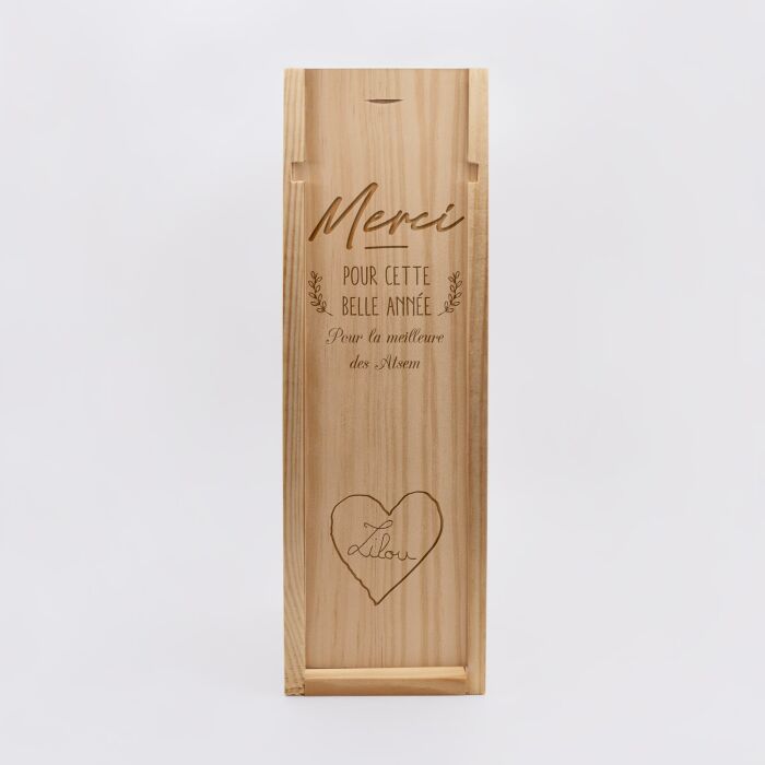 Caisse de vin personnalisée bois couvercle gravé - Edition spéciale "Merci pour cette belle année" - écrit enfant